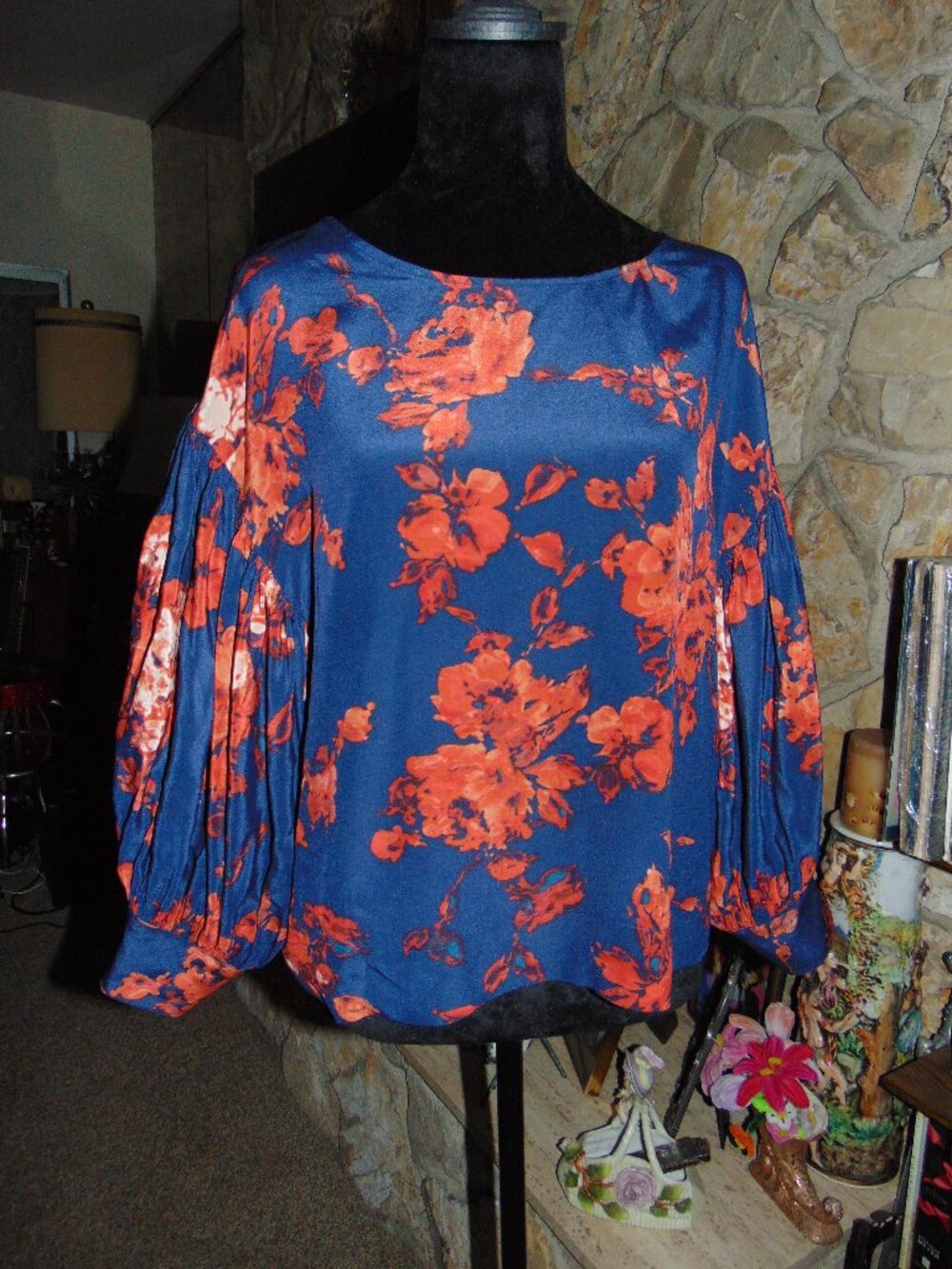 Anthropologie ODILLE Silk Top Blue Brown Floral Balloon Sleeve Button Up Back